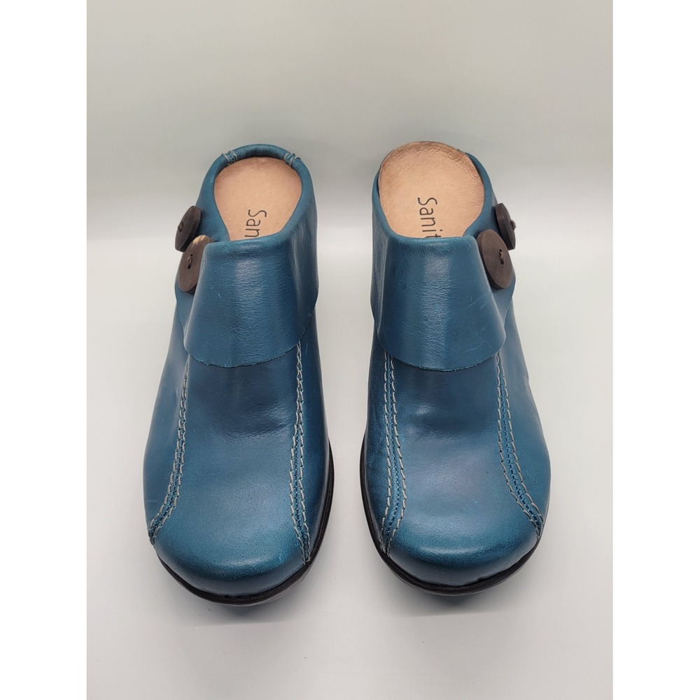 Sanita Teal Blue Leather Mule Clogs Women EU 37 US 6.5-7 Comfort Button 70s 90s - Picture 7 of 16